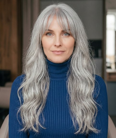Very long gray hair with a soft fringe