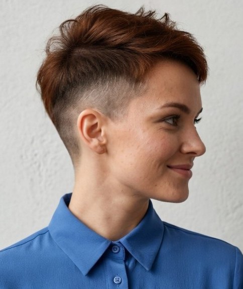 Short hairstyle with a shaved section above the ears