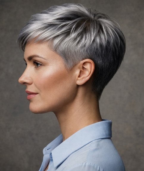Very short and clipper-cut silver hair