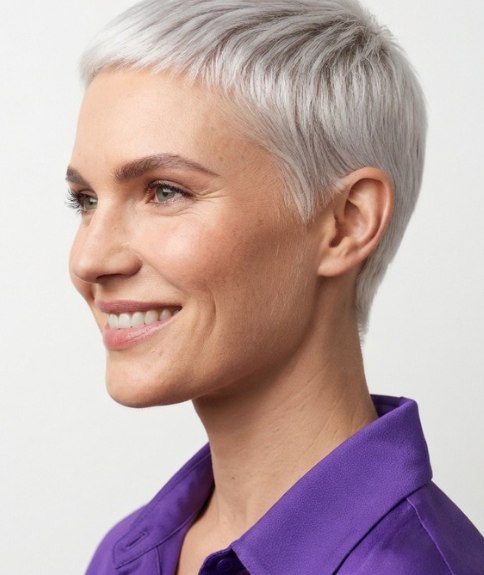 Very short platinum white hair