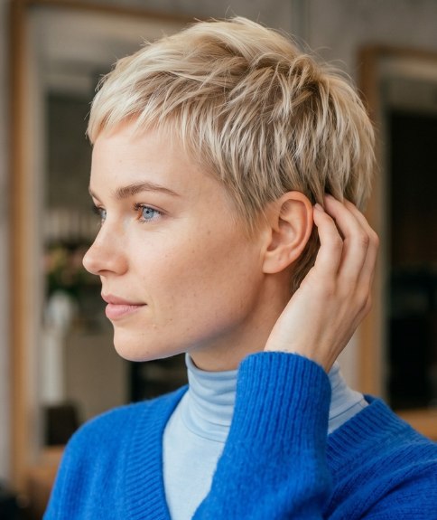 Short, soft blonde hair