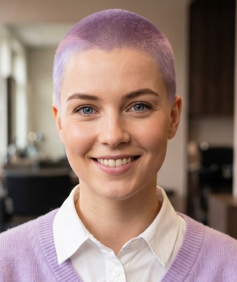 Pastel purple hair, in a buzz cut