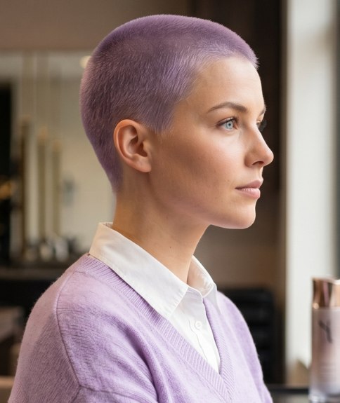Woman with shaved hair in a pastel color