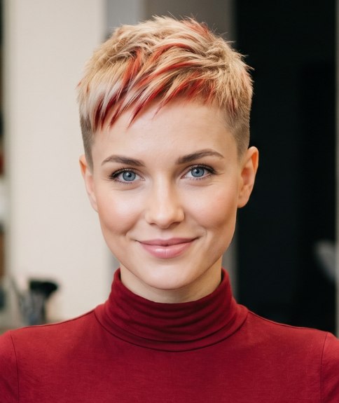 Very short hair with a combination of blonde and red