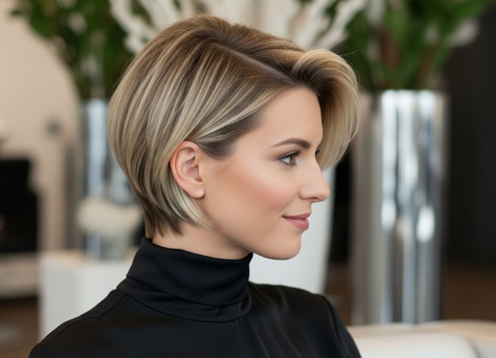 Short blonde hairstyle with a deep side part