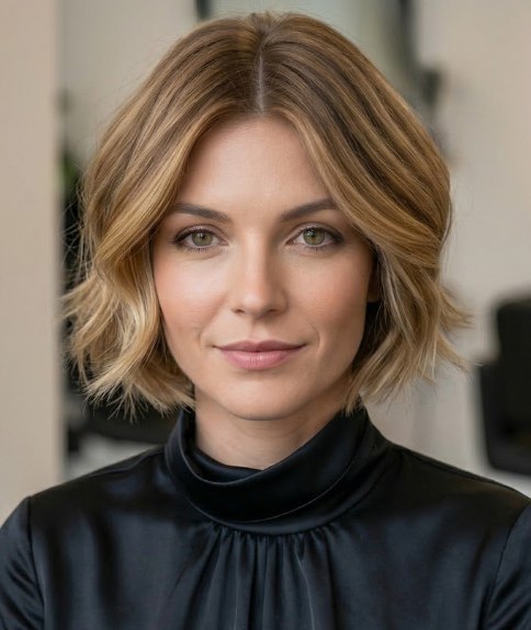 Wavy bob with an angled cutting line