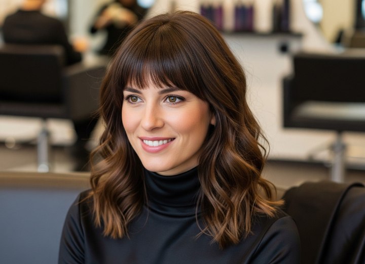Wavy shoulder-length brown hair with bangs