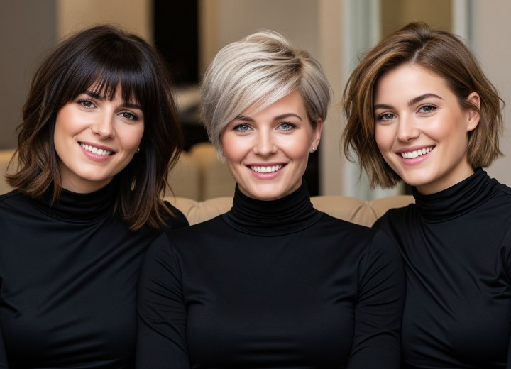 Women with fashion hairstyles and wearing shiny black turtlenecks