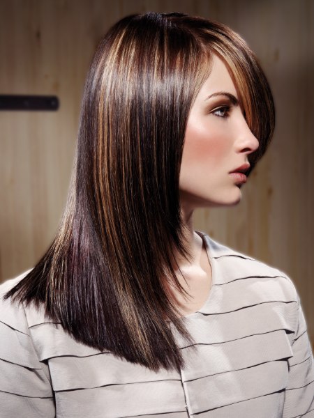 Sleek long hair with the fringe swept over to the side