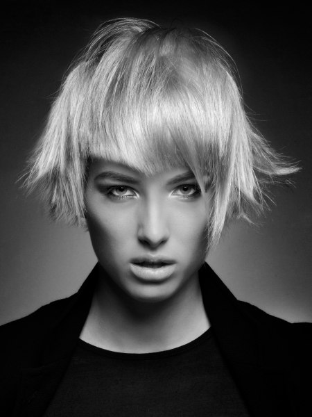 Short bob haircut with triangular bangs