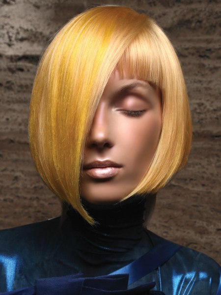 Chin length blonde bob with one longer side