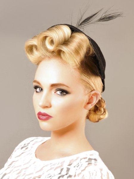 Retro hairstyle with rolled braids and curls