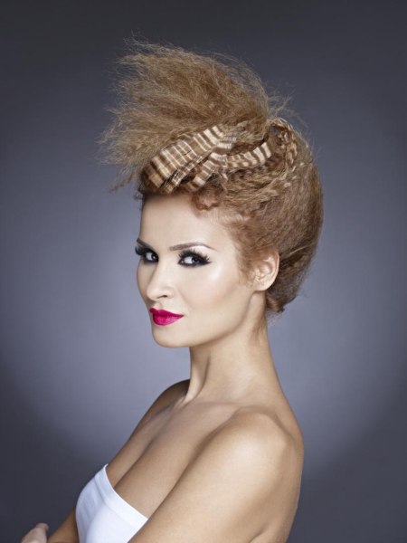 Crimped hair styled in an updo