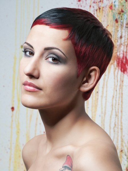 Daring short hair style with red and black coloring