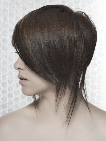 Modern neck-length haircut with longer strands - Side view
