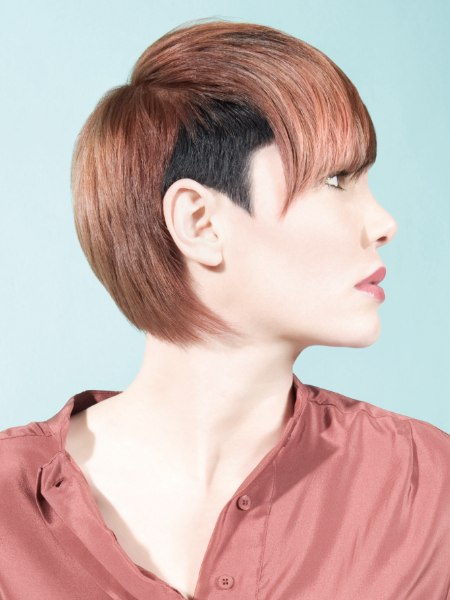 Short haircut with a fully exposed neck and a collarless shirt