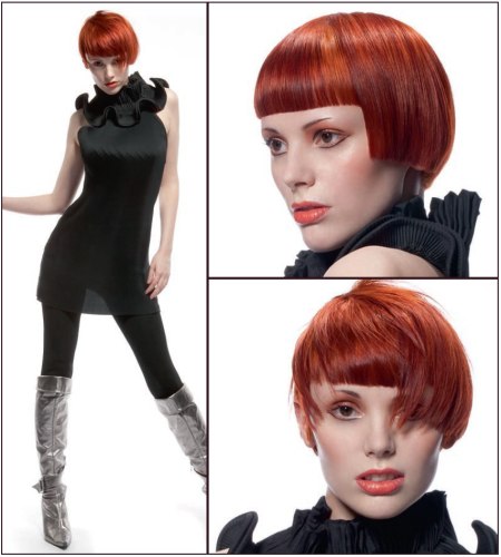 Short red hair with laser straight bangs