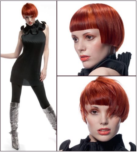 Short red hair with laser-straight bangs