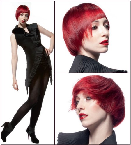 Neck-length round haircut for ruby red hair