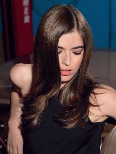 Long and sleek brown hair with the ends flipped outward
