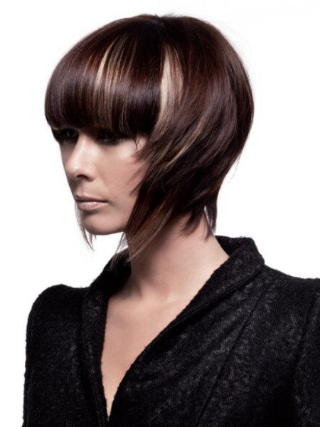 Short sleek hairdo with the sides swept forward