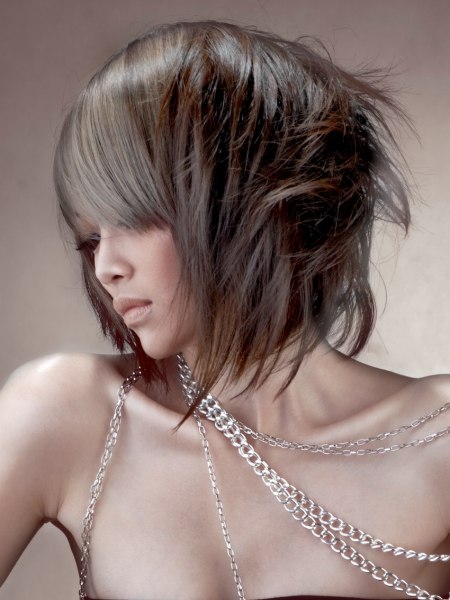 Steel hair color for a bob with a long fringe
