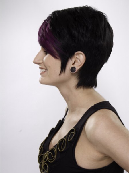 Short haircut with long curved bangs and purple accents