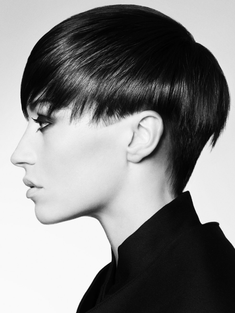 Short haircut with long top hair, undercut and a graduated 