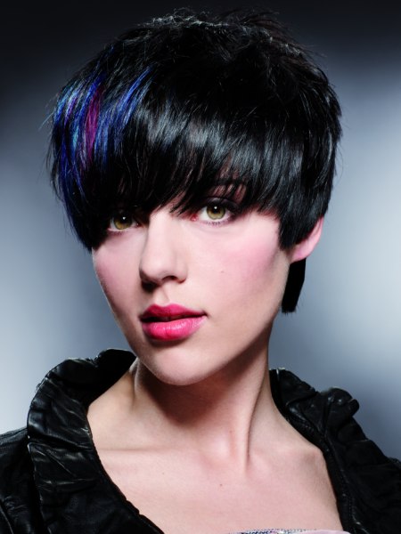 Short black haircut with blue streaks