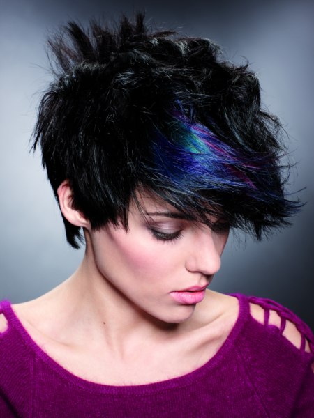 Short black hair with blue, teal and purple color accents