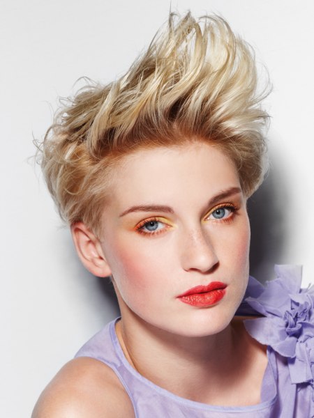 Short haircut styled with lifted top hair