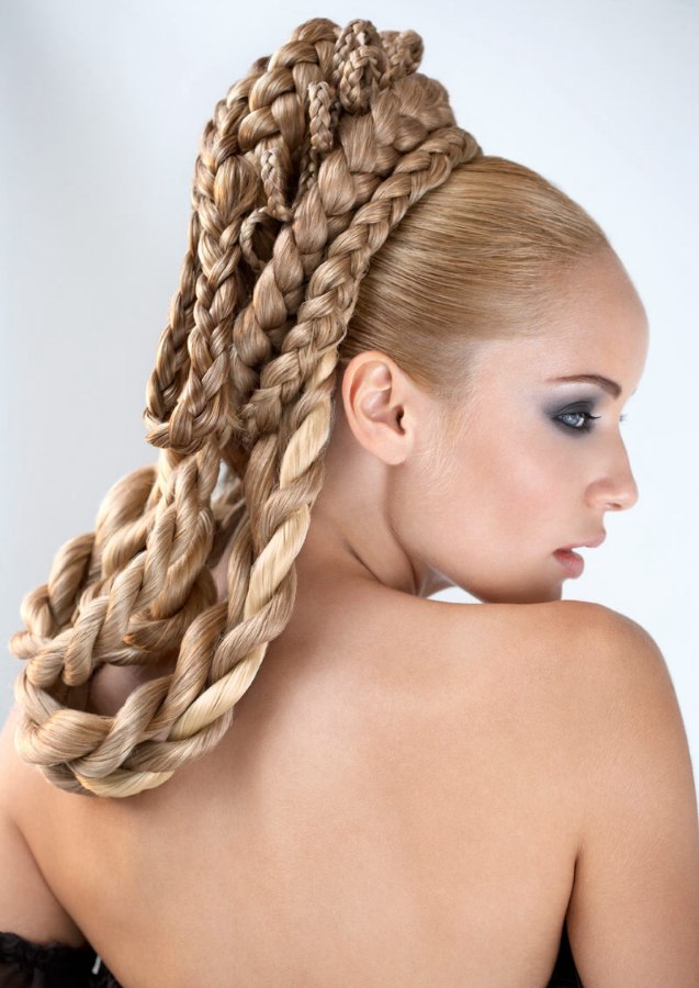 Layered braids of all sizes wrapped in loops around the 