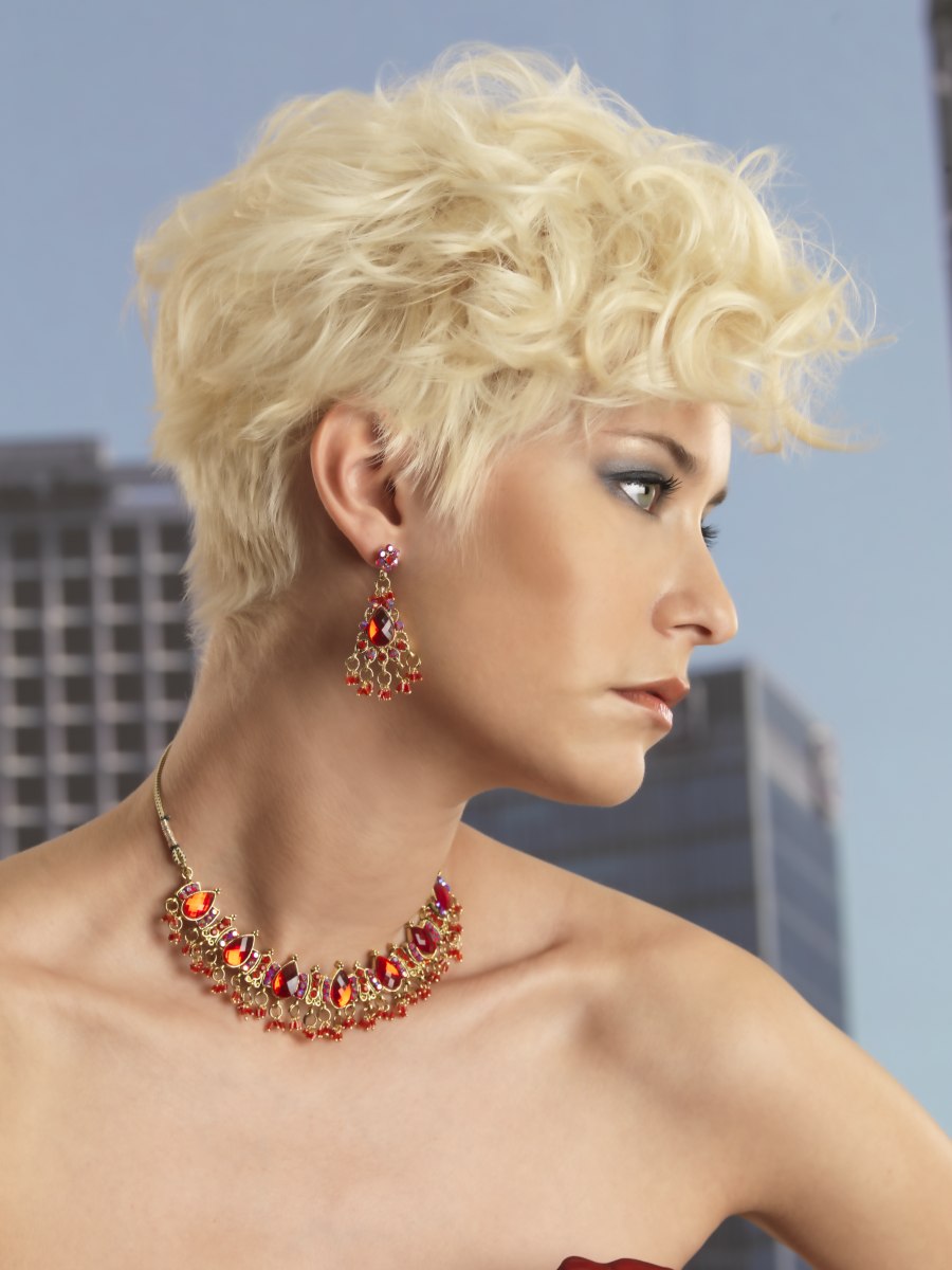 Festive short hairstyle with a short neck and thick curls