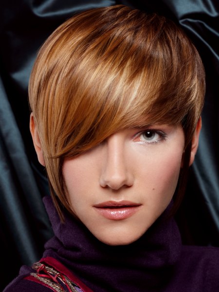 Women's haircut with a short neck and big bangs