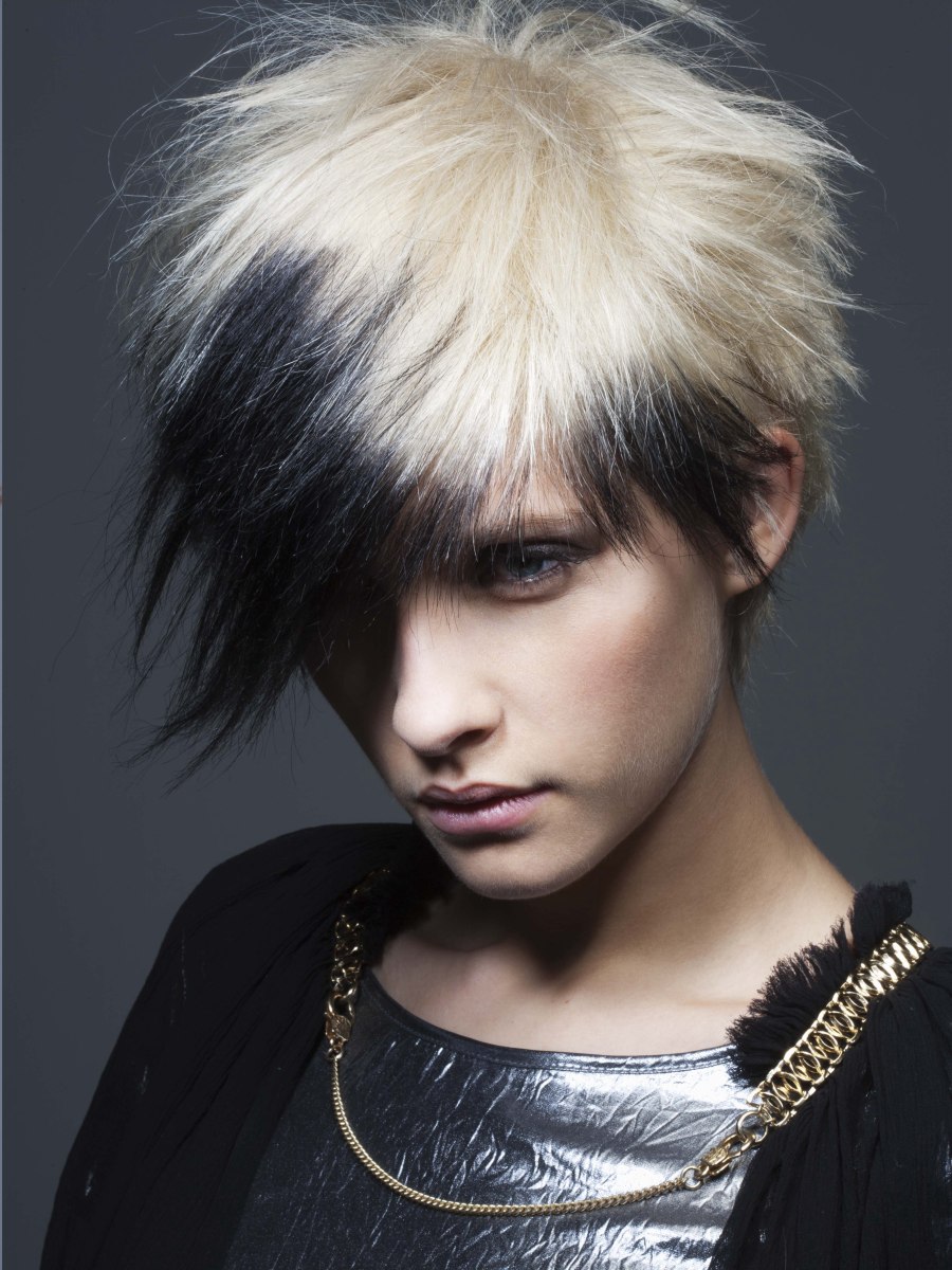 Short punk haircut with spikes and a contrast of black and 