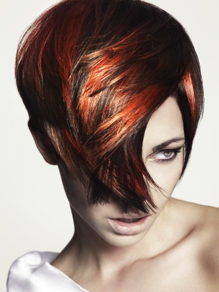 Short hairstyle with multiple colors and long bangs