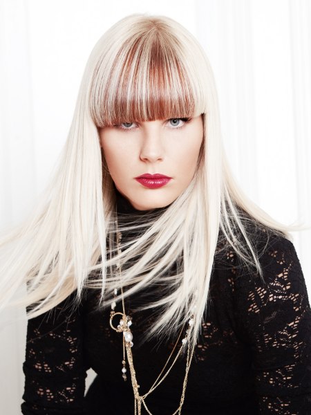 Long hairstyle with a full fringe in two colors