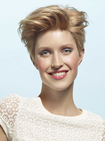 Ear-length hairstyle styled with the hair up