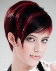 Short hair with color streaks and feathery bangs