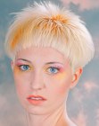 Platinum blonde bowl shape hair with orange accent colors