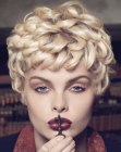 Short blonde hair with curling and strands that curve into each other