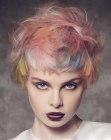 Feathery short hair with a mix of hair colors