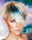 Short platinum blonde hair with blue streaks