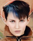 Short brown hair with blue streaks and wedge shape sides