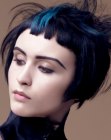 Short black hair with blue color accents