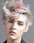 Short silver hair with a metallic sheen and a pink accent