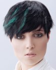 Pixie cut for raven black hair with green color splashes