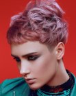 Pixie cut with a buzzed neck and a purple hair color