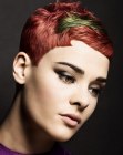 Very short copper hair with a neat outline and a green flash