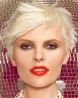Disco haircut for short blonde hair with side bangs